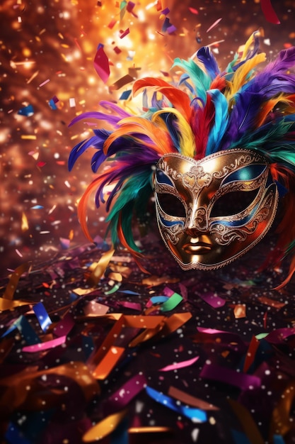 carnival mask surrounded by colorful confetti