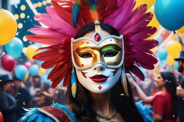 a carnival mask surrounded by confetti and streamers