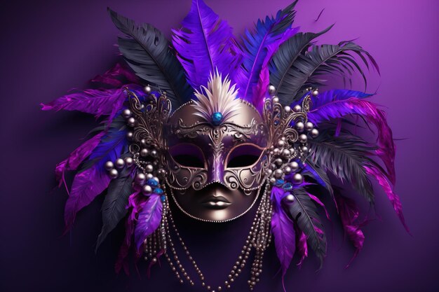 Carnival mask with beads and feathers on a purple background.