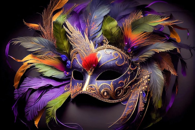 Carnival mask with colorful feathers closeup Generative AI Generative AI