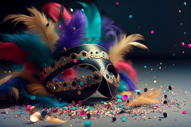 carnival mask with colorful feathers and confetti