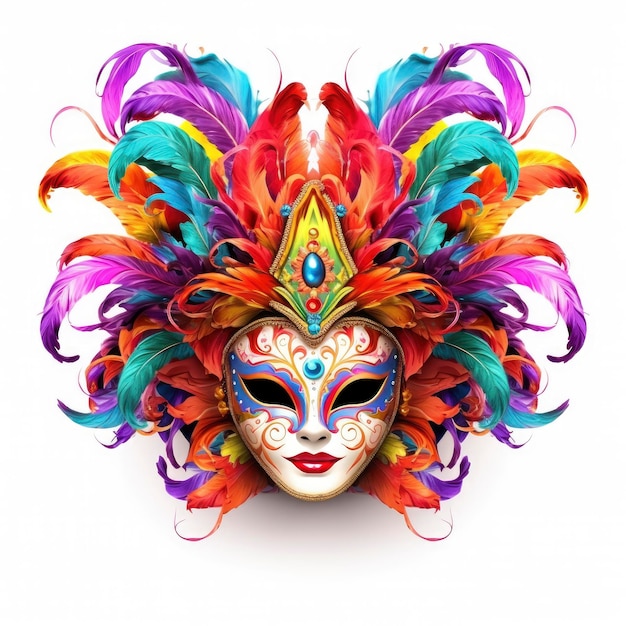 Carnival mask with colorful feathers isolated on white background