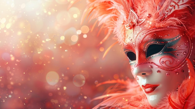 carnival mask with feathers on blurred background with empty copy space