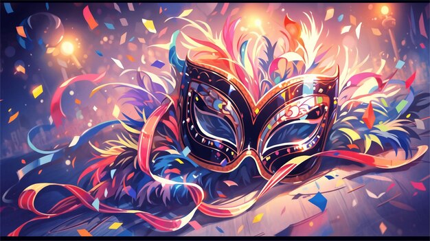 a carnival mask with feathers and confetti