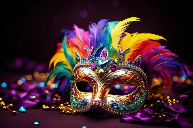 Photo a carnival mask with feathers on a purple background