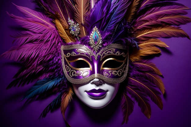 a carnival mask with feathers on a purple background