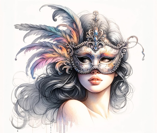 Carnival mask with feathers on a white background Watercolor illustration of Carnival mask