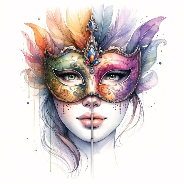 Carnival mask with feathers on a white background Watercolor illustration of Carnival mask