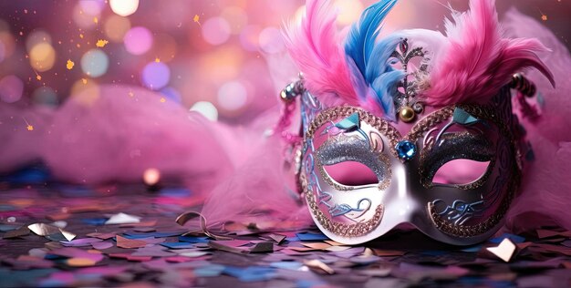 a carnival mask with a pink feather on it