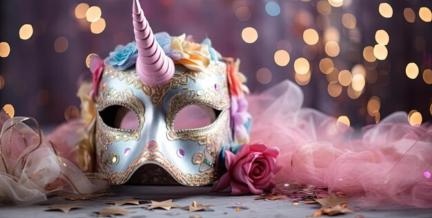 a carnival mask with a pink rose and a pink rose