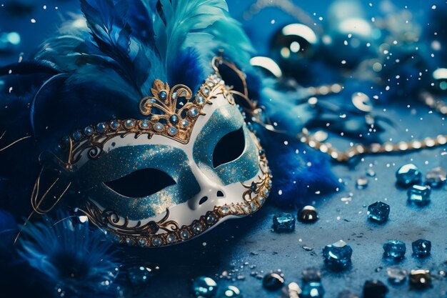 Carnival masks on blue background with glitter venetian carnival concept greeting card