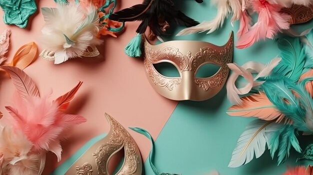 Carnival masks and carnival ornaments on pastel background for Carnival sale banner