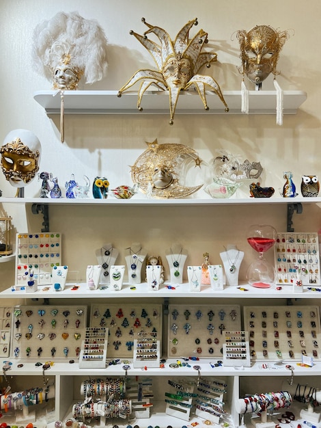 Photo carnival masks and jewelry on store shelves