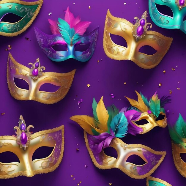 Carnival masks on a purple background multicolored illustration of mardi gras 3d illustration genera