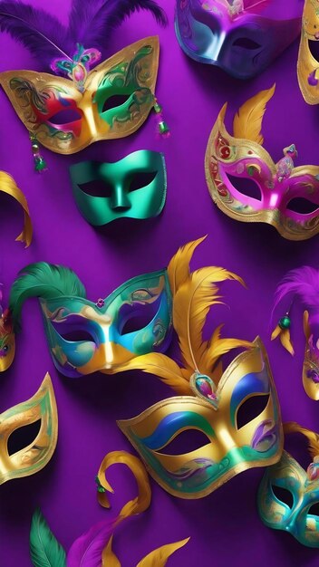 Carnival masks on a purple background multicolored illustration of mardi gras 3d illustration genera