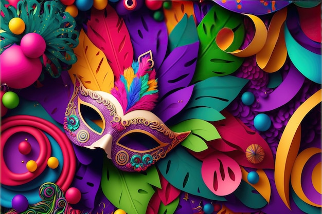 Carnival masks on a purple background Multicolored illustration of Mardi Gras 3D illustration Generative AI