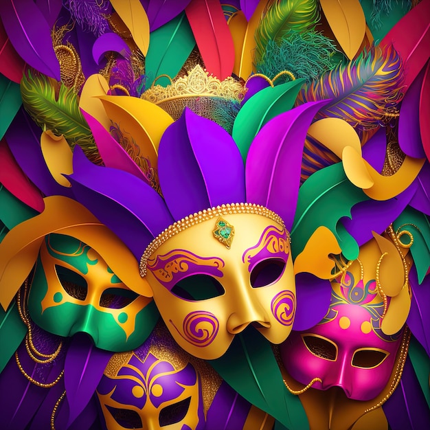 Carnival masks on a purple background Multicolored illustration of Mardi Gras 3D illustration Generative AI