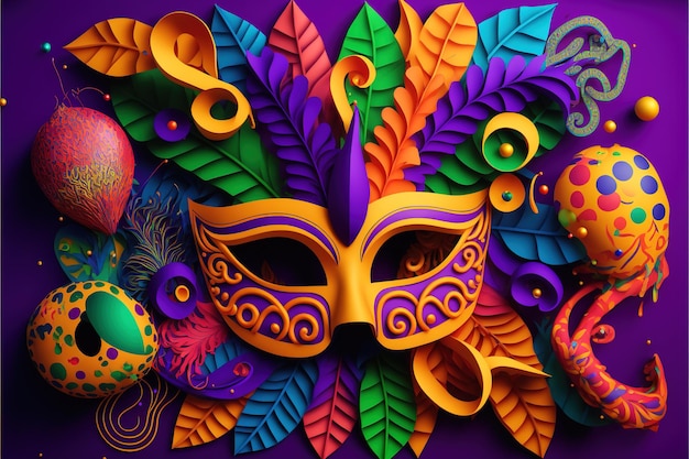 Карнавальные маски на фиолетовом фоне Разноцветная иллюстрация Марди Гра 3D иллюстрация Generative AI