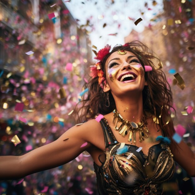 the carnival parade with people dressed in colorful costumes confetti floating around