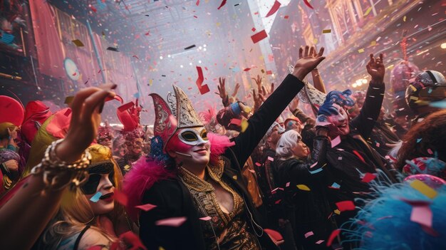 the carnival parade with people dressed in colorful costumes confetti floating around