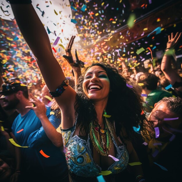 the carnival parade with people dressed in colorful costumes confetti floating around