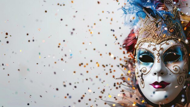 Carnival party background Venetian mask on white background with confetti Copy space