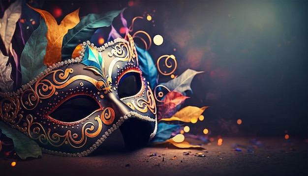 Carnival party. Venetian mask on dark bokeh background. Festival decoration.