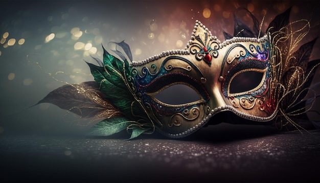 Карнавальная вечеринка. Венецианская маска на темном фоне боке. Оформление фестиваля.