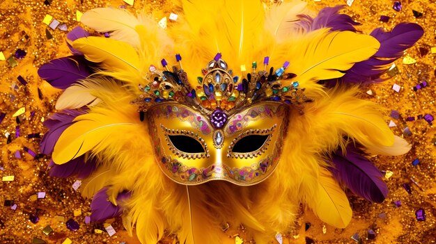 Carnival party venetian mask with abstract defocused bokeh lights on yellow background