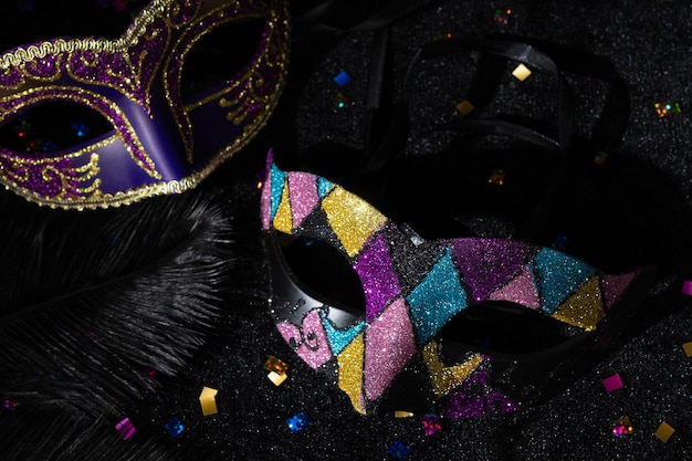 Carnival Party Venetian Masquerade masks on black background