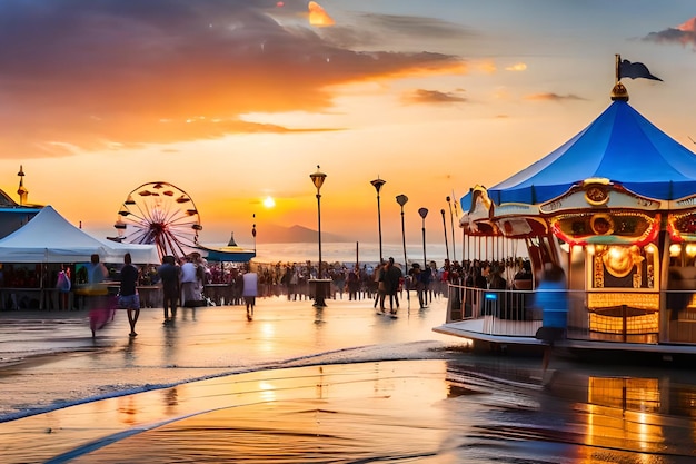 A carnival ride with a view of the ocean and the sun setting behind it