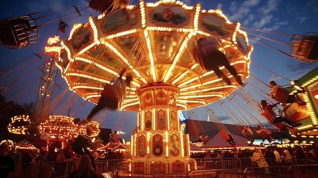 Photo a carnival swing ride at night the ride is lit up with bright lights and the riders are flying high