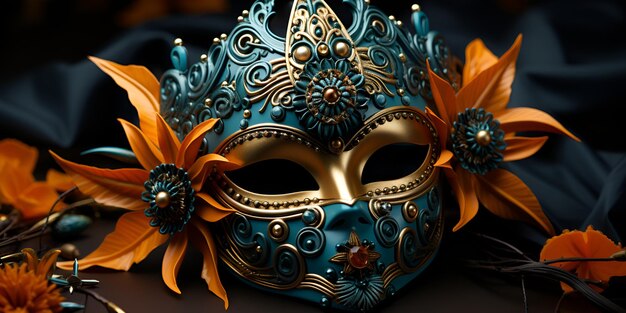 Foto carnival venetian mask party masquerade verkleed met shiny streamers op abstract defocused bokeh lights mardi gras carnavalmasker