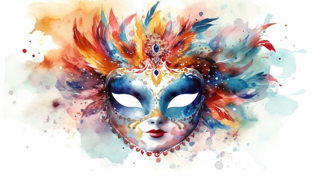 Carnival venetian mask with feathers colored drawing realistic Watercolor illustration