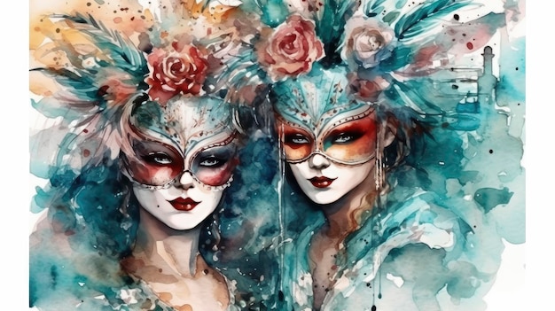 Carnival venetian mask with feathers colored drawing realistic Watercolor illustration