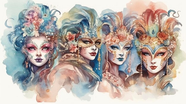 カーニバルのヴェネツィアのマスク 羽毛の色の絵 リアルな水彩画