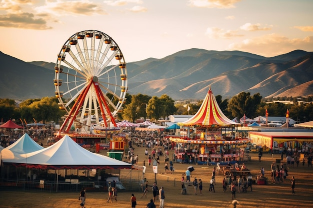 a carnival with rides and tents