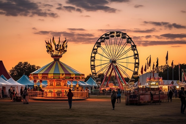 a carnival with rides and tents