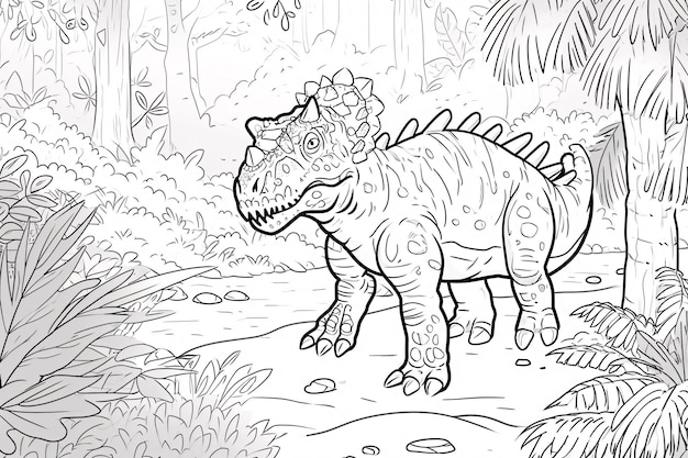 Photo carnotaurus dinosaur black white linear doodles line art coloring page kids coloring book
