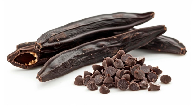 Carob and chocolate drops on white background