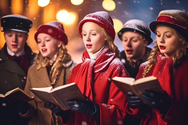 Photo caroling ensemble in festive attire sings classic christmas songs on a snowcovered street