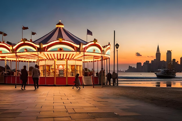 A carousel on the beach at sunset with a city in the background