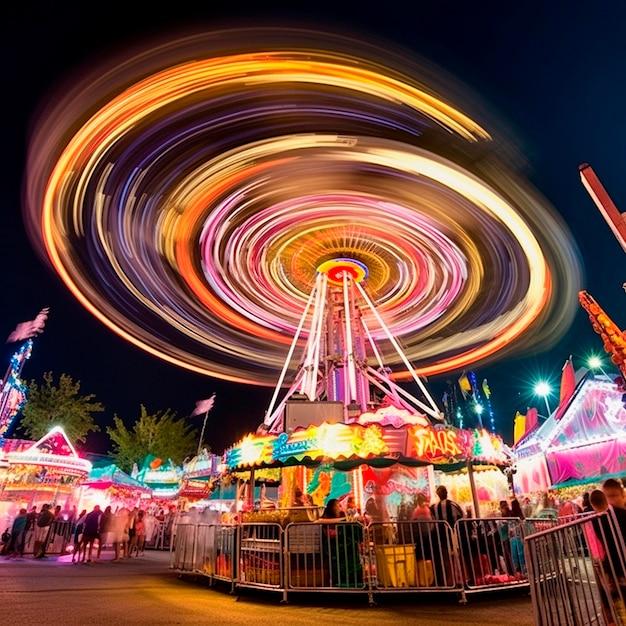 A carousel at a carnival with a colorful light on the top.