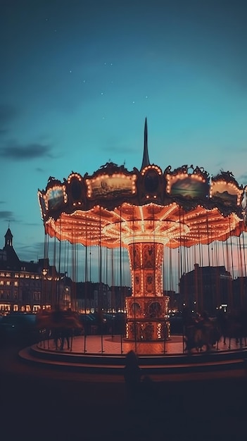 A carousel in a city at night with the word'merry'on it