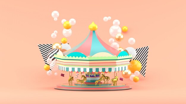 Carousel among colorful balls on pink. 3d render