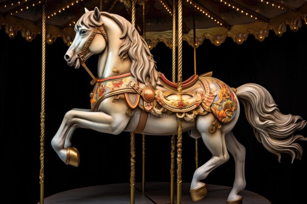 Carousel horse with golden mane and saddle created with generative ai