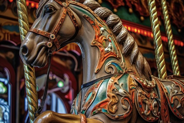 Карусельная лошадь с украшенным седлом и столбом в фокусе, созданная с помощью генеративного ай