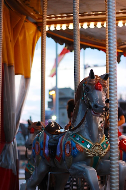 Photo carousel horses in amusement park