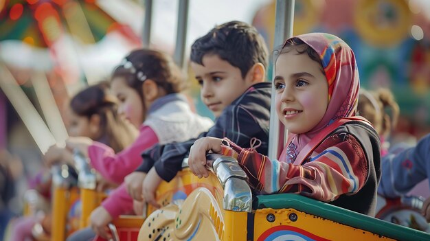 Photo a carousel ride is a great way to enjoy the fair a young girl wearing a colorful headscarf is enjoying the ride with her friends