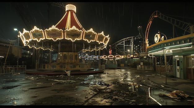 Photo a carousel sits abandoned and empty in a dark and rainy amusement park